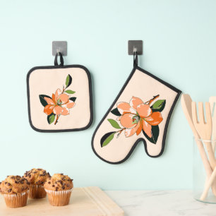 Apricot Azalea auf Creme Ofenhandschuh & Topflappen-Set