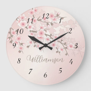 Apricot Cherry Blossom Monogramm Große Wanduhr