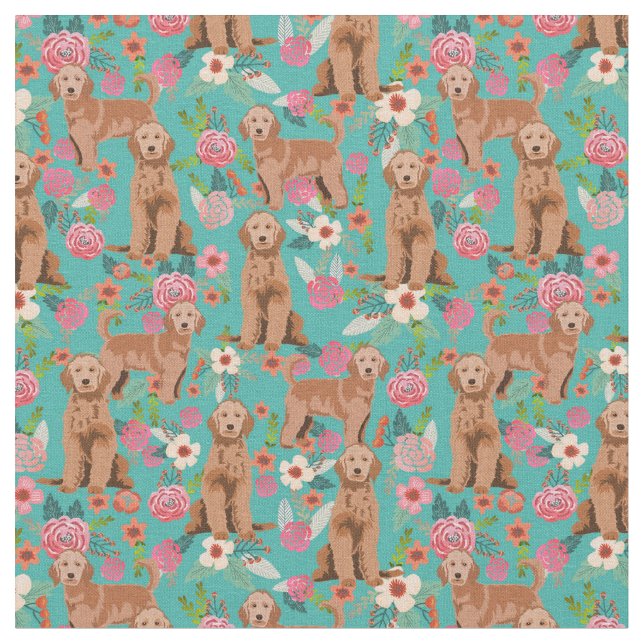 Apricot Golden Doodle Vintage Blumen Türkis Stoff (Nahaufnahme)