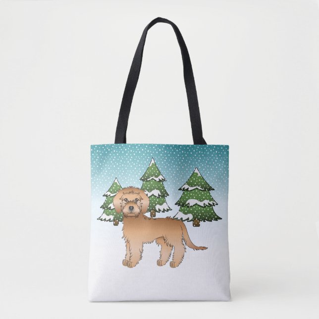 Apricot Mini Goldendoodle Hund in einem Winterwald (Vorderseite)