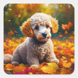 Apricot Poodle Welpe in Herbstlauben Quadratischer Aufkleber