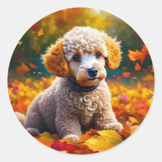 Apricot Poodle Welpe in Herbstlauben Runder Aufkleber (Vorderseite)