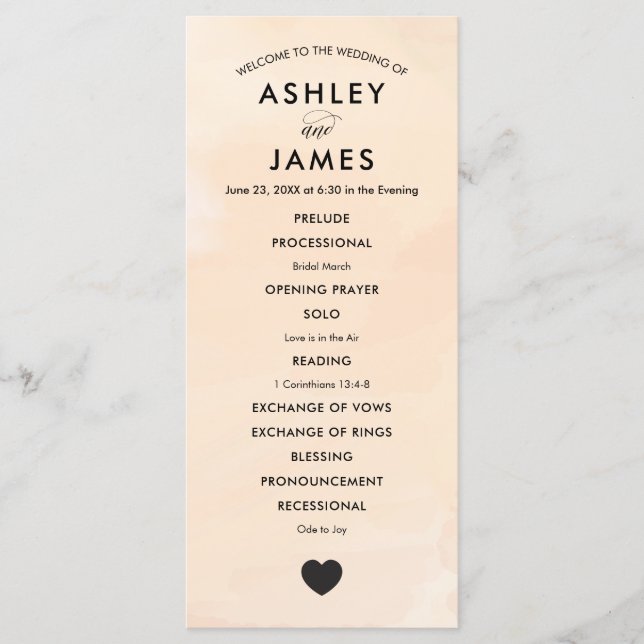 Apricot Watercolor Hochzeitsprogramm für Zeremonie Programm (Vorderseite)