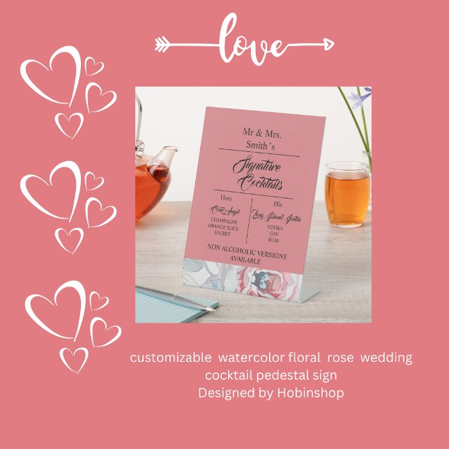 Aprikose Aquarell Rose Unterschrift Hochzeitscockt Sockelschild (customizable  watercolor floral  rose  wedding cocktail pedestal sign
Designed by Hobinshop)