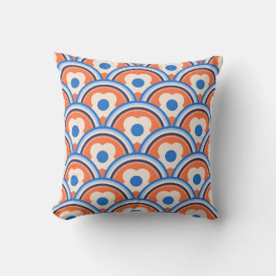 Aprikosen Crush, Blaue Retro Wellen und Blumen Kissen