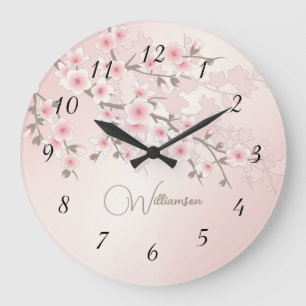 Aprikosen-Kirschblüten-Monogramm Große Wanduhr