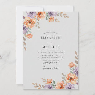 Aprikosen-Lila-Laub-Eukalyptus-Hochzeit Einladung