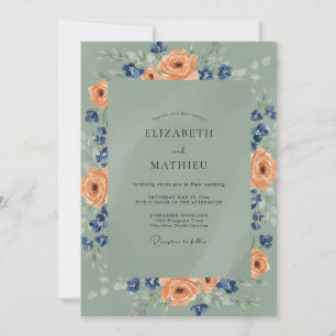 Aprikosen-Navy-Ranunculus-Eukalyptus-Hochzeit Einladung