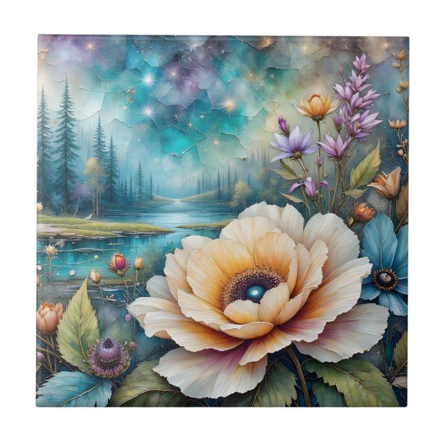 Aprikosen- und Blaue Cosmos-Fluss-Wald-Landschaft Fliese (Vorderseite)