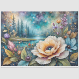 Aprikosen- und Blaue Cosmos-Fluss-Wald-Landschaft Seidenpapier