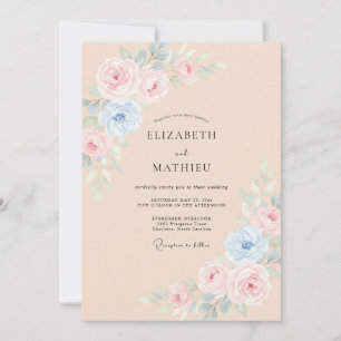 Aprikosenblaue florale Aquarell-Hochzeit Einladung