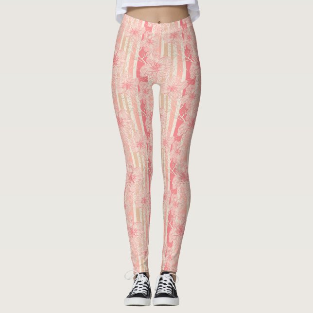 Aprikosenpfirsichrosa, blumengestreiftes Muster Leggings (Vorderseite)