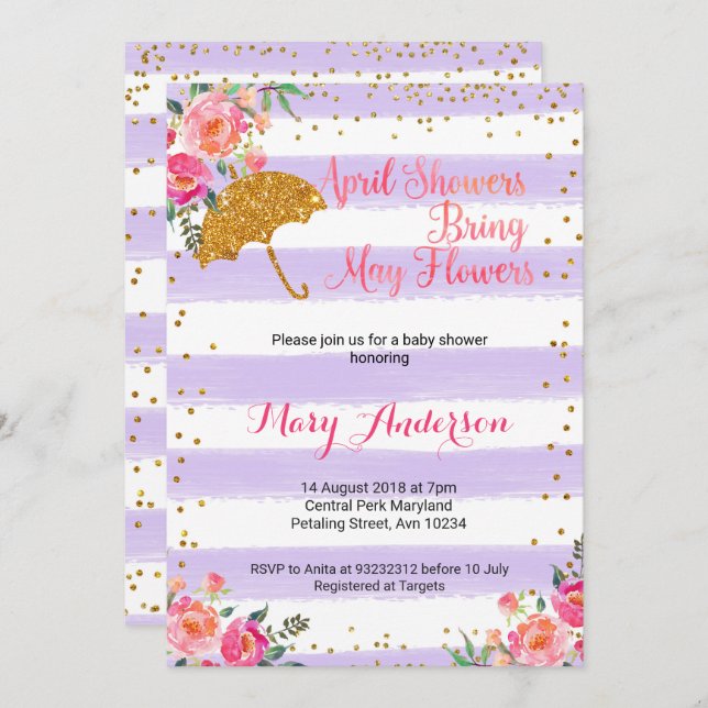 April Duschen Kinderdusche Einladung Lilac Lila (Vorne/Hinten)