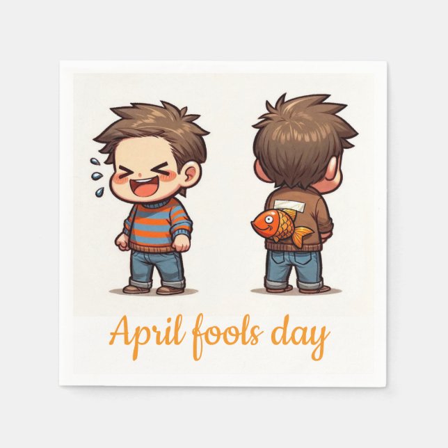 April Fools Day Fishing Boys Paper Napkins Serviette (Vorderseite)