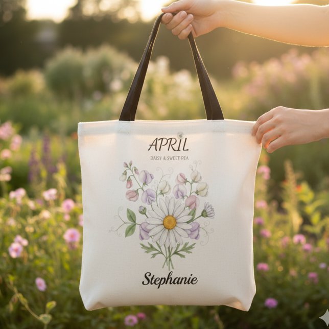 April Geburtstagsgeschenk Naturliebhaber (Wildflower Daisy Birth Flower – Personalized April Tote)