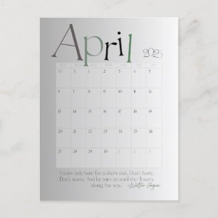 April Gray Modern Monthly Calendar 2025 Postkarte