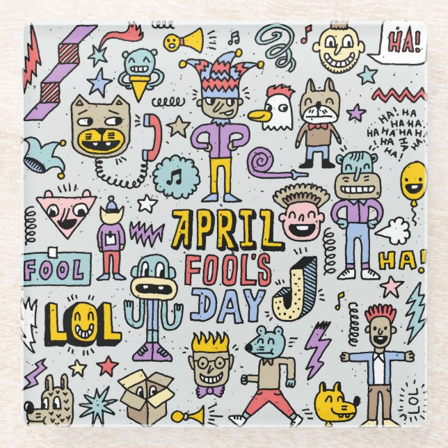 April Narren: farbiges Doodle-Set. Glasuntersetzer (Vorderseite)