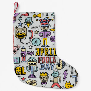 April Narren: farbiges Doodle-Set. Kleiner Weihnachtsstrumpf