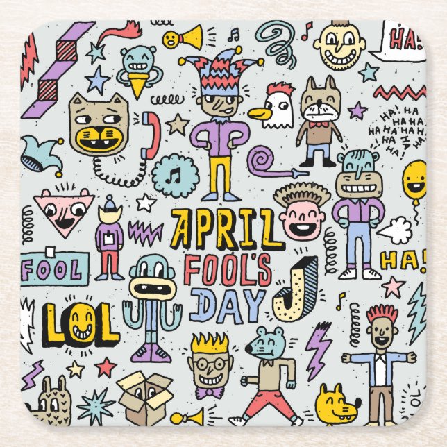 April Narren: farbiges Doodle-Set. Rechteckiger Pappuntersetzer (Vorderseite)