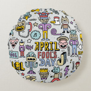 April Narren: farbiges Doodle-Set. Rundes Kissen