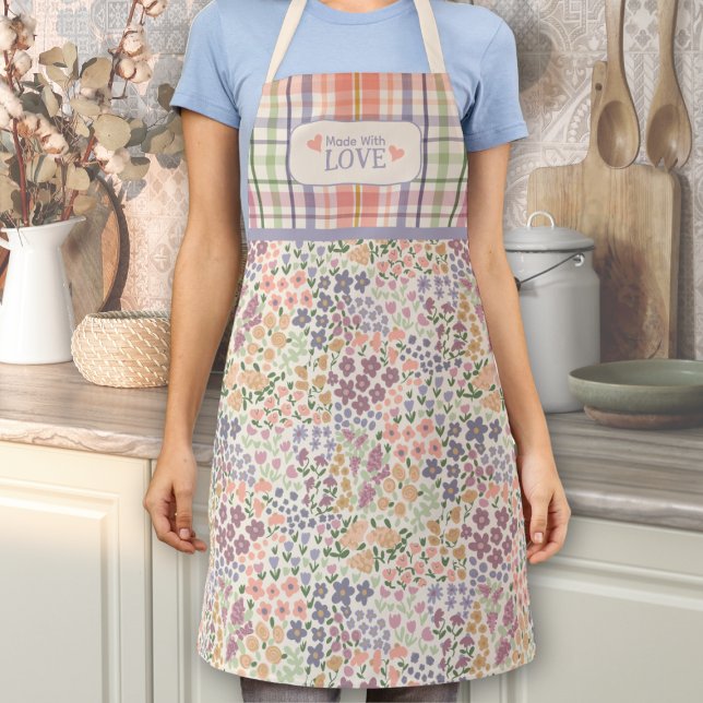 Apron 'Made with Love' – Pastell-Karo & Blüten Schürze ("Made with Love" Floral Apron for Mom – Pastel Plaid & Blooms)