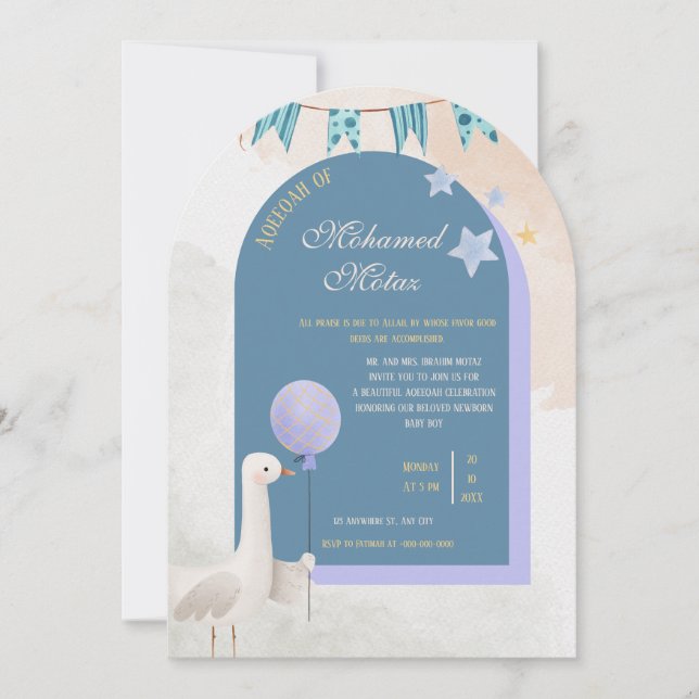 Aqiqah Invitation for Baby Boy  Editable Blue Arch Einladung (Vorderseite)