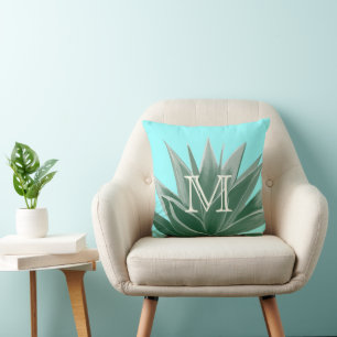 Aqua Aloe Succulent Ivory Monogram Modern Kissen