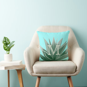 Aqua Aloe Succulent Ivory Monogram Modern Kissen