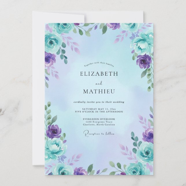 Aqua Amethyst Blätterhochzeit Einladung (Vorderseite)