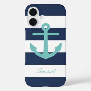 Aqua Anchor auf blauen Streifen iPhone 16 Hülle