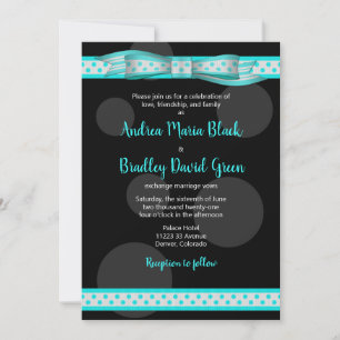 Aqua and Black Polka Dot Ribbon Wedding Einladung