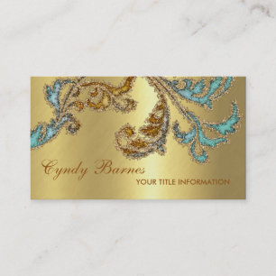 Aqua and Bronze Glittery Damask Design Visitenkarte