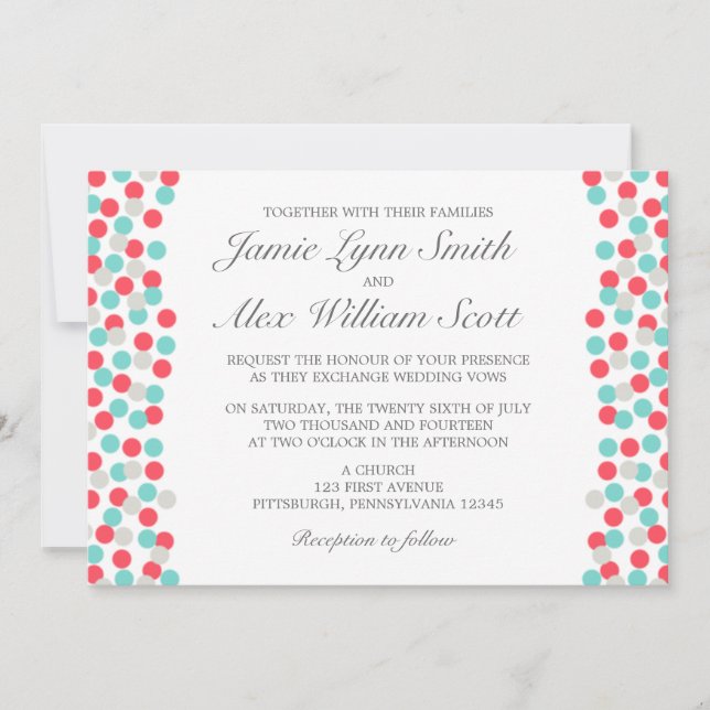 Aqua and Coral Polka Dot Wedding Einladung (Vorderseite)