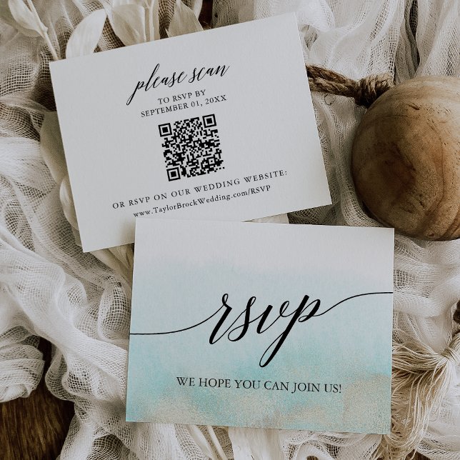 Aqua and Gold Beach QR Code RSVP Card Karte (Von Creator hochgeladen)
