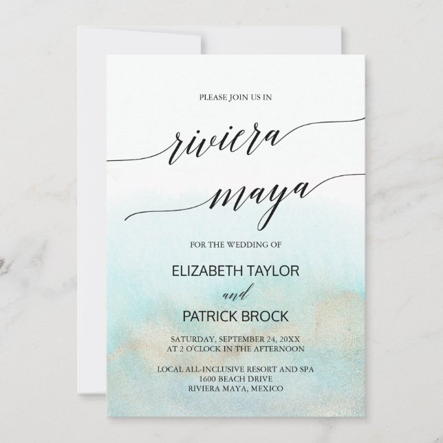 Aqua and Gold Beach Riviera Maya Wedding Einladung (Vorderseite)