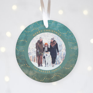 Aqua and Gold Fairy Lights   Two Family Photos Ornament