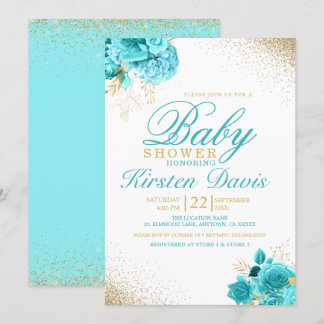 Aqua and Gold Glitzer Floral Boy Baby Shower Einladung