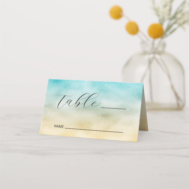 Aqua and Gold Ombre Foil Platzkarte (Vorderseite)
