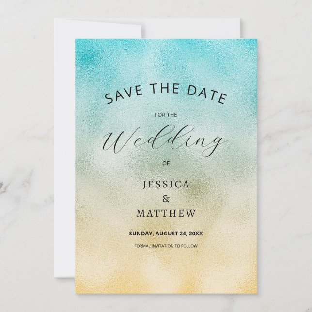 Aqua and Gold Ombre Foil Save The Date (Vorderseite)