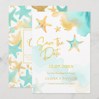 Aqua and Gold Water color Beachy Starfish Wedding Save The Date