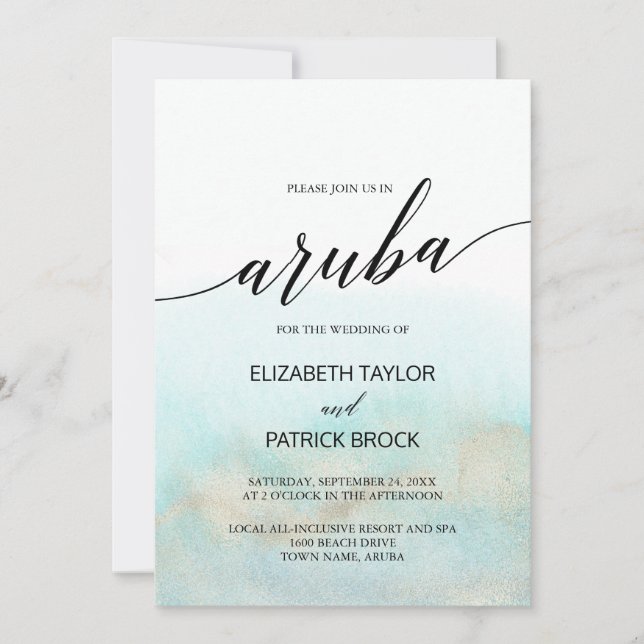 Aqua and Gold Watercolor Beach Aruba Wedding Einladung (Vorderseite)