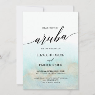 Aqua and Gold Watercolor Beach Aruba Wedding Einladung