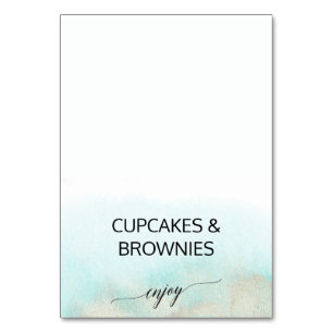 Aqua and Gold Watercolor Beach Buffet Food Labels Tischnummer