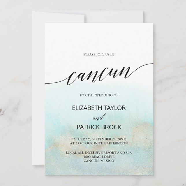 Aqua and Gold Watercolor Beach Cancun Wedding Einladung (Vorderseite)