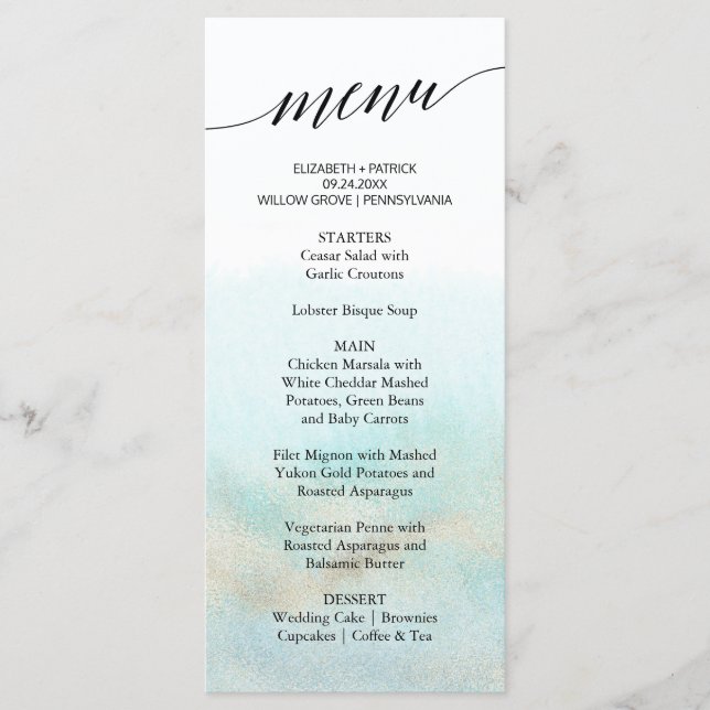 Aqua and Gold Watercolor Beach Dinner Menu Card Menükarte (Vorderseite)