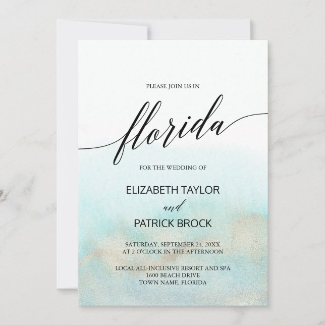 Aqua and Gold Watercolor Beach Florida Wedding Einladung (Vorderseite)