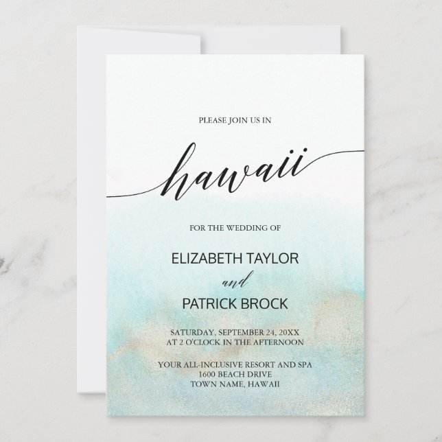 Aqua and Gold Watercolor Beach Hawaii Wedding Einladung (Vorderseite)