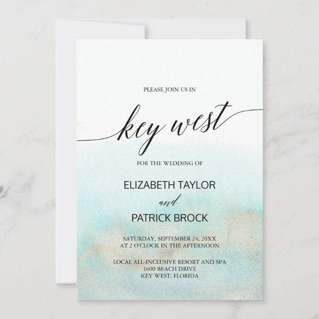 Aqua and Gold Watercolor Beach Key West Wedding Einladung (Vorderseite)