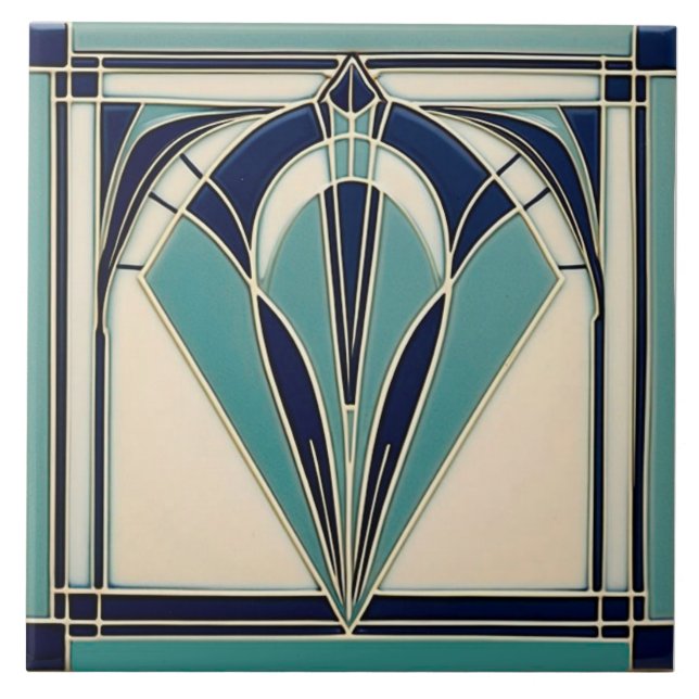 Aqua and Navy Blue Art Deco Keramik Fliese (Vorderseite)