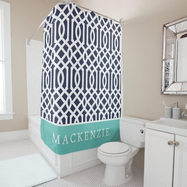 Aqua and Navy Trellis Monogram Duschvorhang (Beispiel)